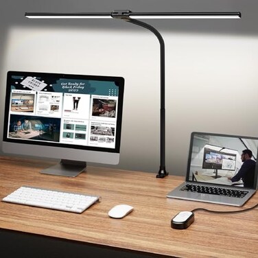 ShineTech LED Desk Lamp for Home Office Ultra Bright Clamp Light with Flexible Gooseneck 25 Lighting Modes EyeCaring Architect Lamp for Dual Monitors Reading Gaming Setup