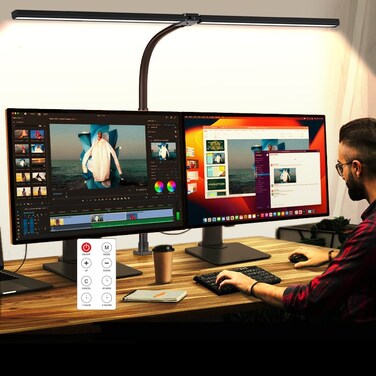 MACASA LED Desk Lamp for Office Dorm Home Eye Caring Desk Light with Timer Remote Control 24W Brightest Dual Screen Computer Monitor Gooseneck Dimmable Table lamp with AntiGlare Cover Clamp