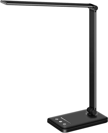 White crown LED Desk Lamp Dimmable Table Lamp Reading Lamp with USB Charging Port 5 Lighting Modes Sensitive Control 3060 Minutes Timer Black FirstGeneration