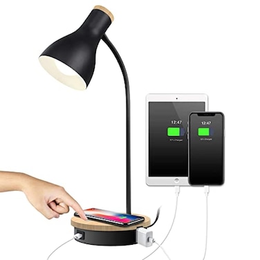 LALISU Metal Desk Lamp Wireless Charging Table Lamp Touch Reading Lights Arc Desk Lamps for Bedroom 3 Way Dimmable Bedside Lamp with USB Charging Ports Lamp for Study Room and Office Black