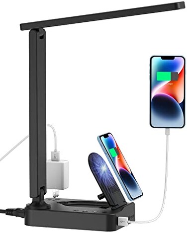 Drevet LED Desk Lamp with Wireless Charger Desk Table Light with USB Charging Port and 2 Outlets 3 Lighting Modes 3 Level Brightness 1H Timer Touch Control EyeCaring Home Office Foldable Lamp