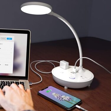 Bodun LED Desk Lamp with 2 USB Charging Ports and 2 AC Power Outlets Adjustable Gooseneck Desk Light with 3 Level Brightness EyeCaring Small Table Lamp for Home Office College Dorm Room Essentials