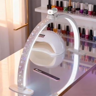 FAHKNS Half Moon Light for Nail Desk with Phone Holder 29IN Folding HalfMoon Light with Shinning Diamond LED Lamp for Nail Art Eyelash Extension Tattooing Skin Management Color Temperature 30006500K