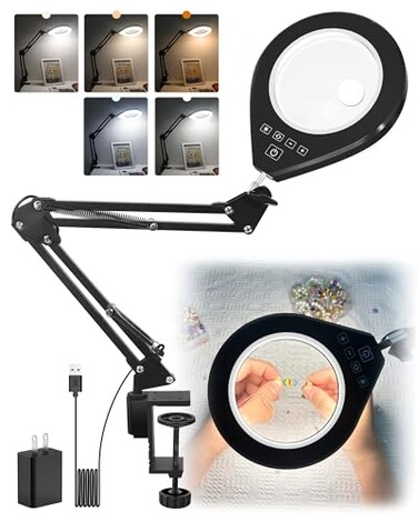 NAKOOS Lighted Magnifying Glass 10X 5X Magnifying Glass with Light Dimmable Magnifier with Lamp Adjustable 10 Level Brightness and 5 Color Desktop Clamp Magnifiers for Craft Painting Workbench White