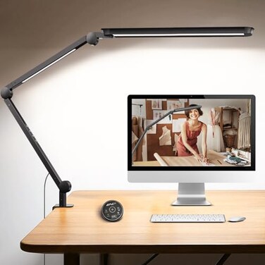 SUNLINKCO LED Desk Lamp with Clamp Architect Desk Lamp with Remote Flexible Swing Arm Desk Light with Dual LED Light Stepless Dimming 5 Color Mode 4 Brightness for Sewing Painting Drafting Crafting