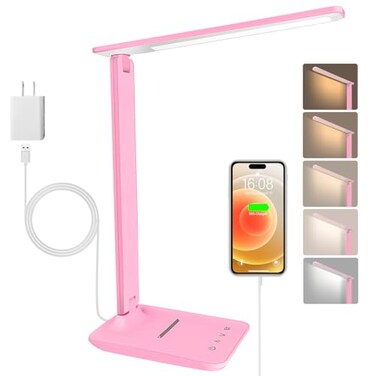 White crown LED Desk Lamp Dimmable Table Lamp Reading Lamp with USB Charging Port 5 Lighting Modes Sensitive Control 3060 Minutes Timer Pink Pink FirstGeneration