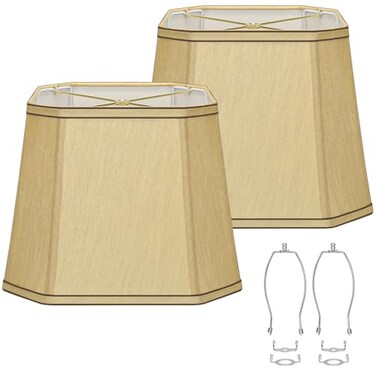 Seaside village Rectangle Cut Corner Lamp Shades Set of 2 105 x 10x 13 Modern Medium Gold Lampshades with Brown Rim Included 2 Pack Lamp Harps Suitable for E26 Base and Saddle Base Easy Assembly Requi