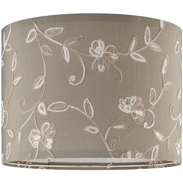 PIKOPIKO Creme Fabric Drum Lamp Shade with Embroidered Leaf Trim 13 Top x 13 Bottom x 10 High Spider Medium Lamp Shade for Table Bedside Lamp Replacement Lampshades in Hand Crafted
