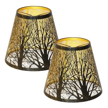 ALUCSET Small Lamp Shades Set of 2 Clip On Bulb Barrel Metal Lampshades for Table Chandeliers Wall Floor Lamp Replacement 4 Top x 7 Bottom x 6 High Bronze Gold Forest Tree Pattern