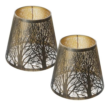 ALUCSET Double Small Bronze Gold Lamp Shade Clip On Bulb Set of 2 Alucset Barrel Fabric Lampshade for Table Chandelier Wall Lamp 5x8x7 Inch 2Pcs