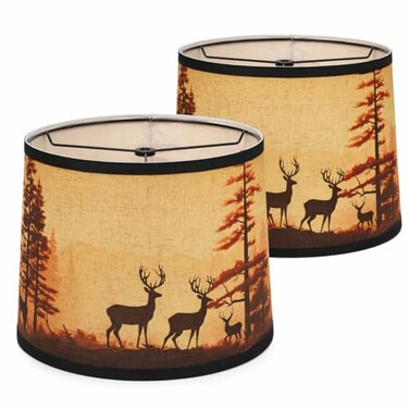 DOLOOTA Rustic Deer Printed Large Drum Lamp Shades Set of 2 Easy Assembly114x13x10 Barrel Brown Lamp Shade For Cabin Lodge DecorationReplacement Lamp Shades For Table LampsSpider Model