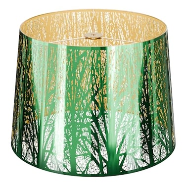 ALUCSET Stainless Steel Large Lampshade Drum Lamp Shade 11 Top x 13 Bottom x 10 High Large Lamp Shades for Table and Floor Lamps Green Polished Etched Forest Replacement Shade Spider Fitter