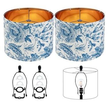 JNIBOAO Replacement Lamp Shades Set of 212 Inch Drum Blue White Floral Pattern Lamp Shades for TableFloorWall Lights Medium Gold Frame with Harp Holder Easy Assembly