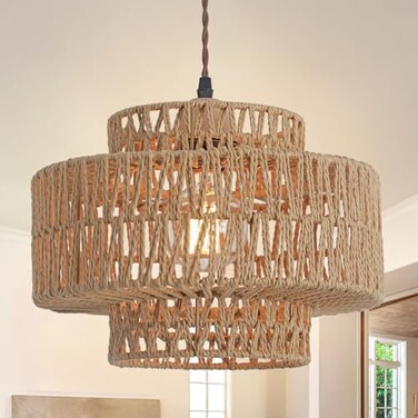 KEESFU Boho Rattan Lamp Shades for Pendant Light Chandelier Floor Lamps ReplacementRustic 3Tier Drum Lamp Shade with HandWoven Rattan for Living Room Kitchen Dining Room Office Hotel