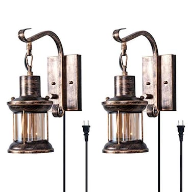 Yisuro Rustic Wall Light 2in1 Oil Rubbed Bronze Vintage Wall Light Fixtures Plug in Industrial Glass Shade Lantern Lighting Retro Lamp Metal Wall Sconce for Home Bedroom Dining Room Cafe2 Pack