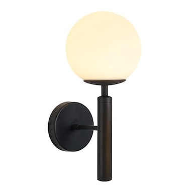 KCO Lighting Black Mid Century Modern Wall Sconce Vintage White Milk Glass Wall Sconce Globe Wall Light Bathroom Wall Light Fixture Bedroom Wall Lighting