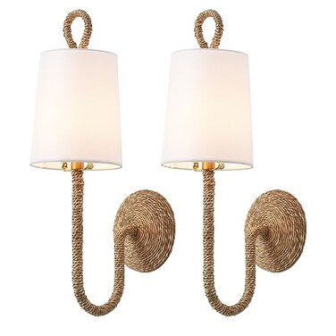 MhyTogn Natural Rattan Wall Sconce Set of 2 with Boho Woven Wicker and CreamyWhite Fabric Shade for Vanity Stairway Fireplace Living Room Bedside Passway Hallway