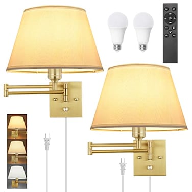 TRLIFE Remote Control Dimmable Wall Sconce Adjustable Color Temperature 2700K6500K Brushed Brass Swing Arm Wall Lights with Plug in Cord 118 Large White Shade2 Pack 2 Bulbs