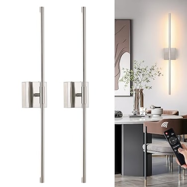Morauroral Battery Operated Wall Sconces Set of 2 Dimmable Battery Wall Sconce with Remote Control SandNickel LED Rechargeable Sconces 24 Inch Modern Wireless Wall Lights for Bedroom Living Room