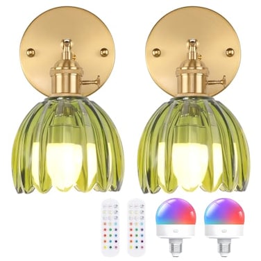 Shenmoyl Vintage Battery Operated Wall Sconce with Green Tulip Glass Lampshade Rechargeable Battery Powered Wall Light with Remote Control for Bedside Bedroom Doorway Set of 2