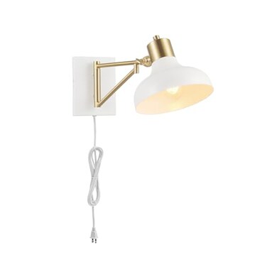 Globe Electric 51344 1Light Plugin or Hardwire Swing Arm Wall Sconce White Brass Accents WhiteCloth Cord Mounted Bedside Lamp Kitchen Sconces WallLighting Bulb Not Included