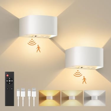FULEN Motion Sensor Wall Light with Remote Control 3 Colors Wireless Wall Sconces LED Indoor Up and Down Wall Lamp 5000mAh Rechargeable Battery Powered Wall Lamps Brightness Adjustable White 2 Pack