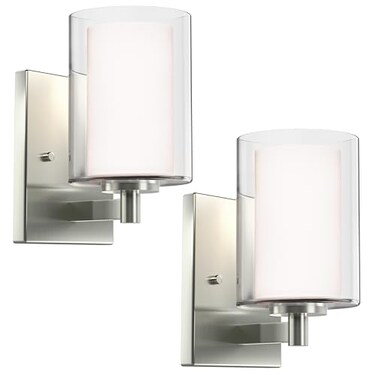 Kalium Wall Sconces Set of Two Modern Vanity Lights with Double Clear Glass Shade Brushed Nickel Indoor Farmhouse Wall Light for Bathroom Living Room Bedroom Mirror Hallway Bulb E26 Base 2PCS