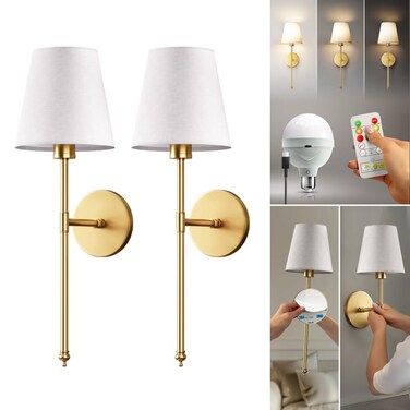 PRIDOLA Set of 2 Wireless Wall Sconces StickOn or Screw Mount Rechargeable LED Bulbs Remote Controlled Adjustable Brightness Warmth Easy Installation Living Room Wall Decor Gold