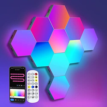 Amailtom LED Hexagon Lights for Gaming Setup Smart Home Gaming Wall Lights Work with Alexa Google Assistant Voice App Remote Control RGBIC LED Light Panels Music Sync for Game Room Bedroom 10 Pack