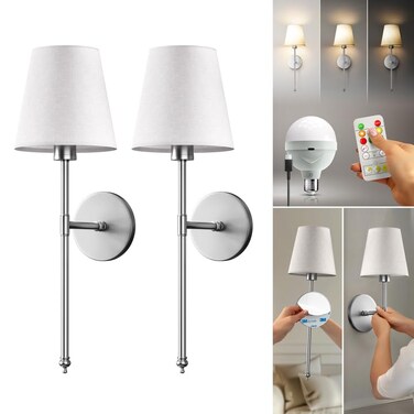 PRIDOLA Set of 2 Wireless Wall StickOn or Screw Mount for Easy Installation Rechargeable LED Bulbs Remote Controlled Adjustable Brightness The Original Wireless Wall Lamps Silver