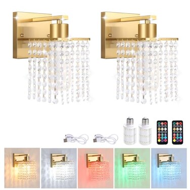 Shenmoyl Set of 2 Crystal Battery Operated Wall SconceRechargeable Wall Lamp with 5200mAh Battery Remote Control Modern Dimmable Wireless Wall Lights for Bedroom Bathroom Clear Gold Base