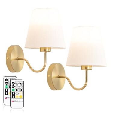 Adust Battery Operated Wall Sconce Set of Two Antique Brass Wall Lights Remote Control Dimmable Rechargeable LED Light Bulb 3 Color Temps LED
