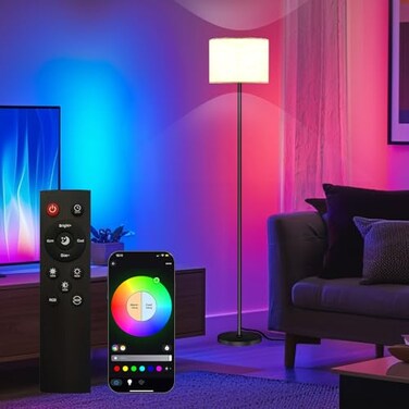 Qaubauyt Smart LED Floor Lamp with APP Control RGB Colors Dimmable Standing Lamp for Living Room Bedroom Gaming Remote Timer 9W Bulb Included 606 Modern Tall Lamp White