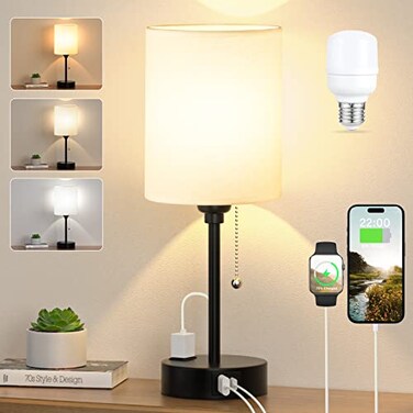 Dicoool Small Bedside Table lamp for Bedroom 3 Color Temperatures Bedside Lamps with USB C and A Ports Pull Chain Table Lamps with AC Outlet White Nightstand Lamps with Black Metal Base for Kids Readi
