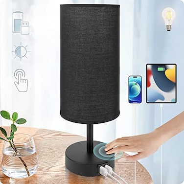 Yarra-Decor YarraDecor Bedside Lamp with USB Port Touch Control Table Lamp for Bedroom 3 Way Dimmable Nightstand Lamp with Round Black Fabric Shade for Living Room Dorm Home Office LED Bulb Included