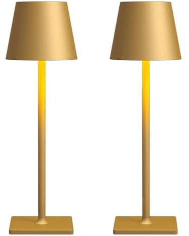 Fizrice Cordless Table Lamp 6000mAh Battery Operated 250LM Adjustable Brightness IP65 Height Adjustable Set of 2 Gold Wireless Lamps for Restaurant Patio Bedside Outdoor Cafe Home Decor
