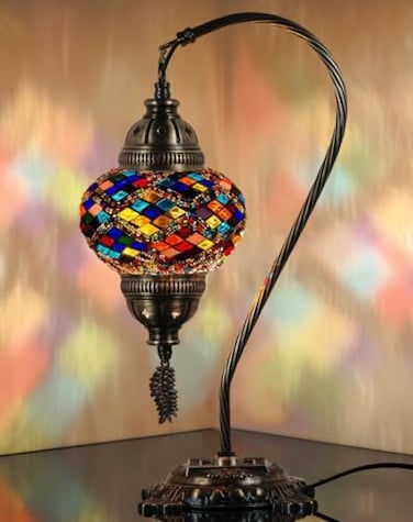 DEMMEX Turkish Table Lamp Moroccan Bedside Light Handmade Tiffany Mosaic Glass Boho Artisan Accent Lighting for Bedroom Living Room Antique Brass Finish 15 H Multicolor