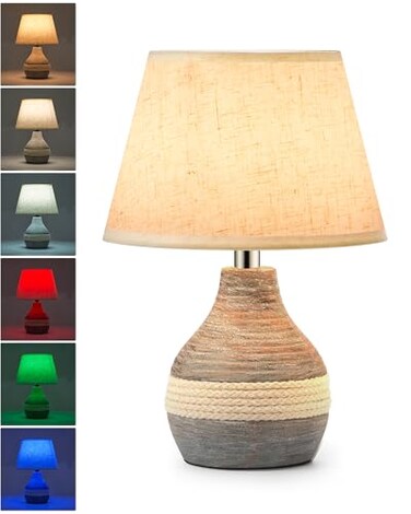 UMEXUS 10 Small Ceramic Cordless Table Lamp with Timer Dimmer Linen Shade Remote Control Rechargeable Battery Light for Patio Nightstand Kitchen Counter Living Room Side Table Bulb Included