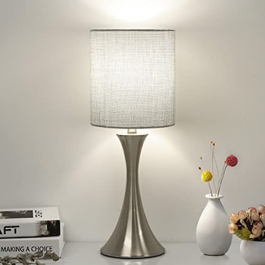Seaside village 3 Way Touch Control Table Lamp Dimmable Bedside Desk Lamp with Metal Base Modern Nightstand Lamp Stylish Grey Shade Simple Side Table Lamp for Bedroom Living Room Office or Den LED Bul