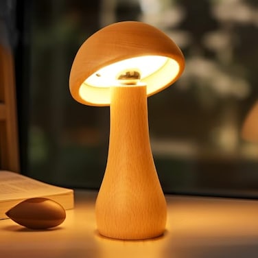 LONRISWAY Wooden Mushroom Lamp Portable Cordless Touch Switch Rechargeable Battery Operated LampStepless Dimming 360 Degree Rotation Angle AdjustableNight Light for Birthday Gifts
