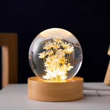 MARZIUS Flower Crystal Ball Night Light 24 inch Glass Ball Night Lamp with Woodern Base Yellow Daisy