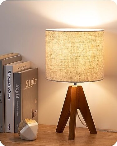 EDISHINE Tripod Table Lamp Small Cute Bedside Lamp with Linen Beige Lampshade Nightstand Lamp for Nursery Bedroom Kid Room Living Room Light Brown Wooden Base E26 Socket 142 Inch