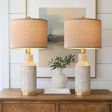 USumkky 25 Table Lamps Set of 2 Modern Bedside Lamps for Living Room White Washed Ceramic Nightstand Lamps for Bedroom