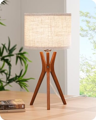 EDISHINE Mid Century Table Lamp 175 Tripod Bedside Lamp with Deep Wood Color Light Base Beige Linen Lampshade Nightstand Lamp for Bedroom Living Room Reading Room E26 Base