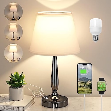 Kakanuo Touch Bedside Lamp for Bedroom with USB C Port Small Touch Table Lamp with 2 USB Charging Ports 3 Way Dimmable Nightstand Lamp for Living Room and Office White LED Bulb Included