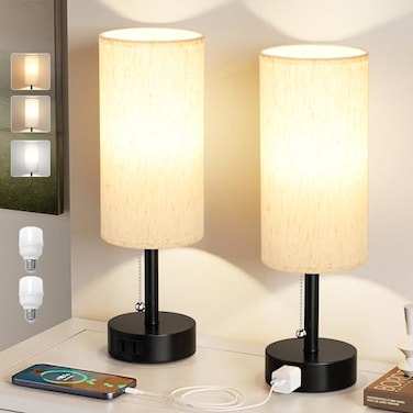 Fenmzee Bedside Table Lamps Set of 23 Color Temperatures Pull Chain Lamp with AC Outlet Charging Port Small Round Night Stand Lamps for Bedroom Guest Room Office Bed Side Light with E26 LED Bulbs