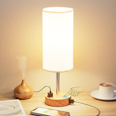 Fenmzee Bedside Table Lamp for Bedroom 3 Way Dimmable Touch Lamp USB C Charging Ports and AC Outlet Small Lamp Wood Base Round Flaxen Fabric Shade for Living Room Desk LED Bulb Included