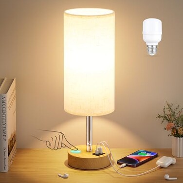 Dicoool Touch Bedside Table Lamp with USB 3 Way Dimmable Wood Lamp for Bedroom Nightstand Desk Lamp with Charging Station for Dorm Living Room Office Kids Room Small 14in
