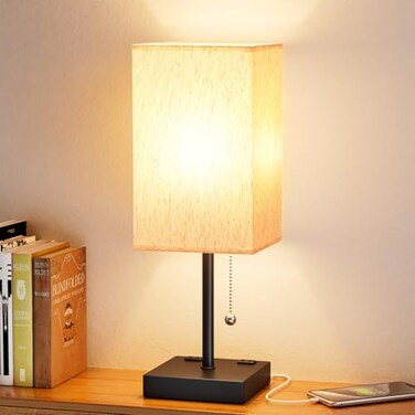 aooshine Medium Table Lamp with USB Ports 3 Color Temperature Bedside Lamp for Bedroom Pull Chain Control USB A and C Ports 2 AC Outlets Bulb Included