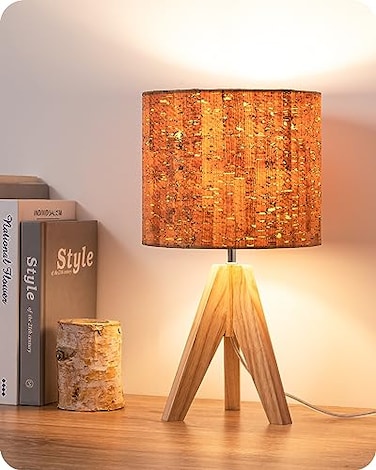 EDISHINE Small Table Lamp Wooden Tripod Nightstand Lamp with Bark Linen Shade Farmhouse Bedside Lamp for Nursery Bedroom Kids Room Office Reading Desk 142 Inch E26 Socket ONOff Switch